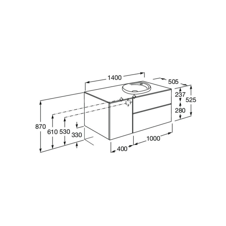 Zestaw łazienkowy Roca Unik Beyond, 140x50cm, umywalka Surfex po lewej, biały połysk