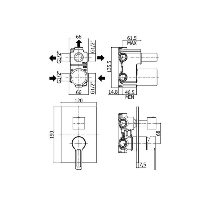 Bateria wannowo-natryskowa Paffoni Ringo, 3-drożna, podtynkowa, czarny mat