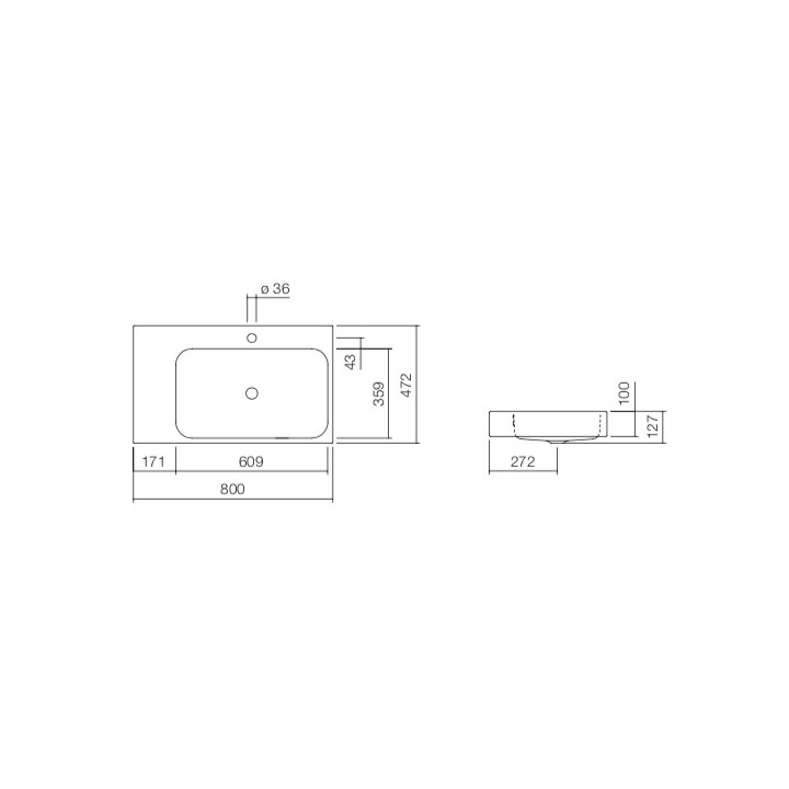 Umywalka wisząca Alape Stream SR-Series, prostokątna, 800x472mm, z przelewem, otwór na baterię, blat po prawej, WT.SR800H.L, bia