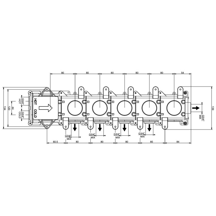 Element podtynkowy Gessi Inciso Wellness, 4 wyjścia wody, podłączenie 3/4"
