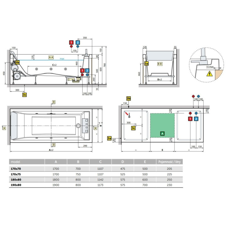 Wanna prostokątna Novellini Sense 3, 180x80cm, dno szezlong, z syfonem i zagłówkiem, stelaż, biały błyszczący