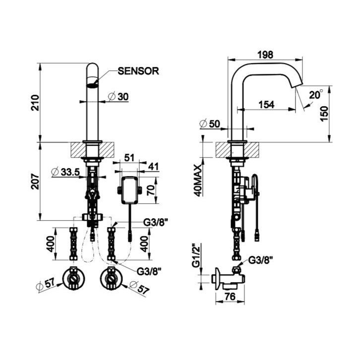 Elektroniczna bateria umywalkowa Gessi Flessa, stojąca, wysokość 210mm, stal szczotkowana