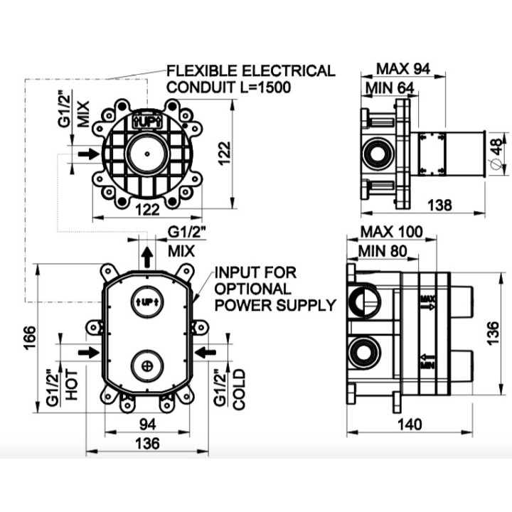 Zewnętrzny element dla elektronicznych baterii Gessi Flessa, do ustawiania temperatury i ciśnienia, stal szczotkowana