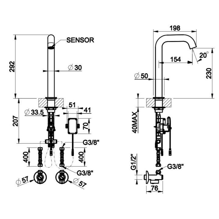 Elektroniczna bateria umywalkowa Gessi Trame, stojąca, wysokość 210mm, stal szczotkowana