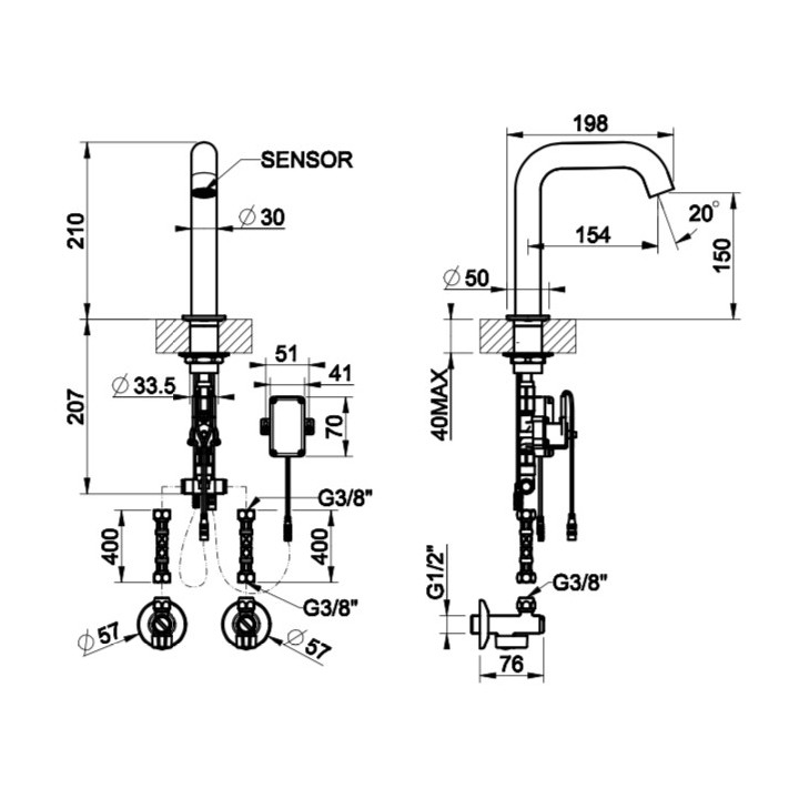 Elektroniczna bateria umywalkowa Gessi Trame, stojąca, wysokość 210mm, stal szczotkowana