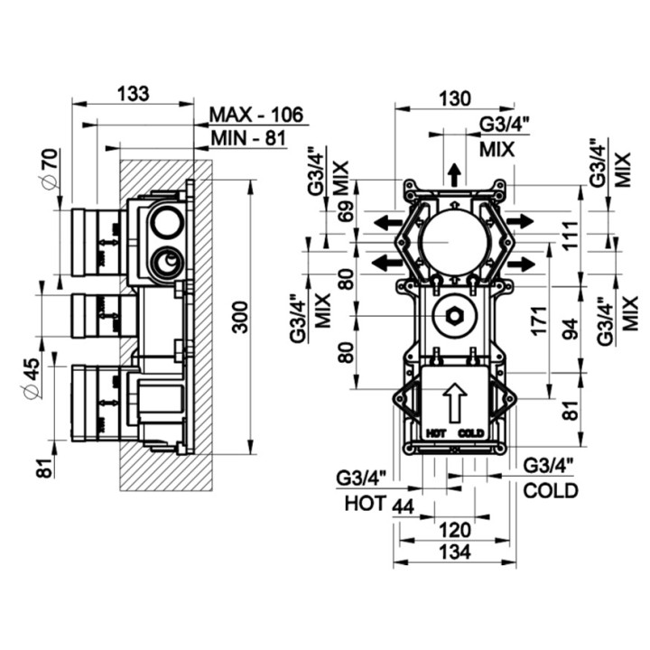 Element podtynkowy Gessi, 5 wyjść wody, podłączenie 3/4"