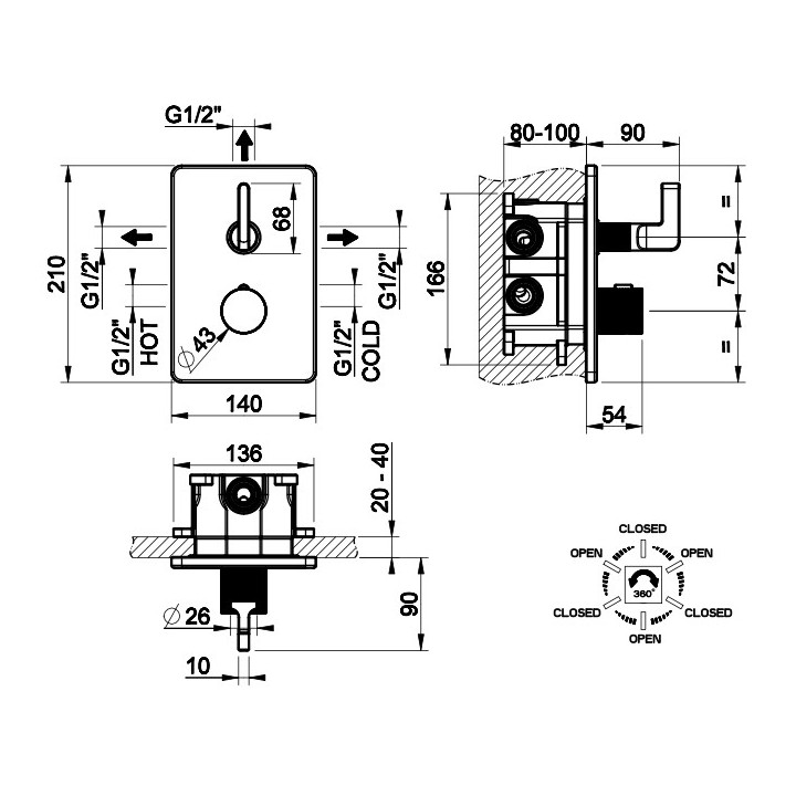 Bateria natryskowa Gessi Inciso Shower, podtynkowa, 1 wyjście wody, element natynkowy, chrom