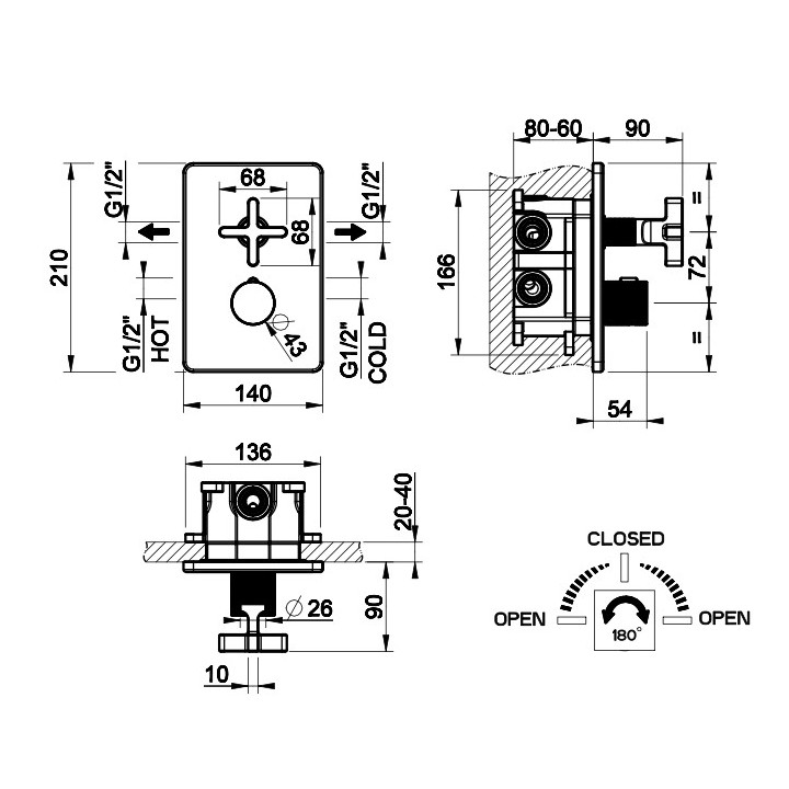 Bateria natryskowa Gessi Inciso Shower, podtynkowa, 1 wyjście wody, element natynkowy, zawór zamykający dwukierunkowy, chrom