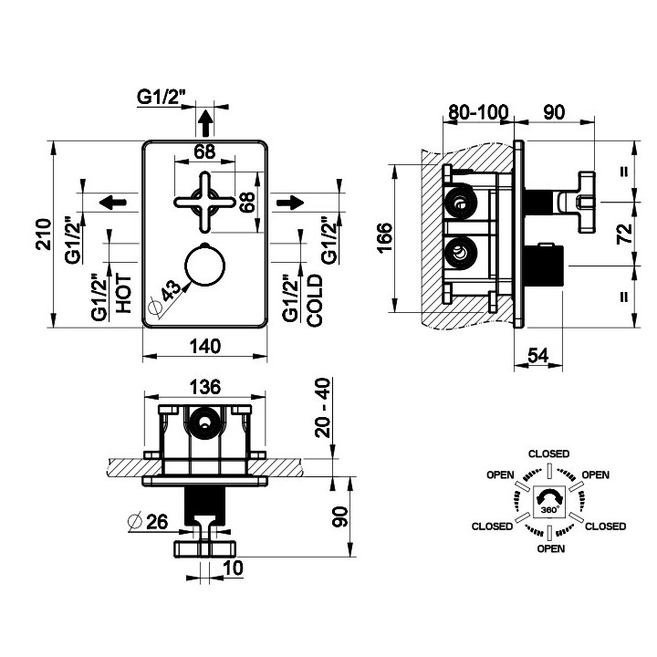 Bateria natryskowa Gessi Inciso Shower, podtynkowa, 1 wyjście wody, element natynkowy, zawór zamykający dwukierunkowy, chrom