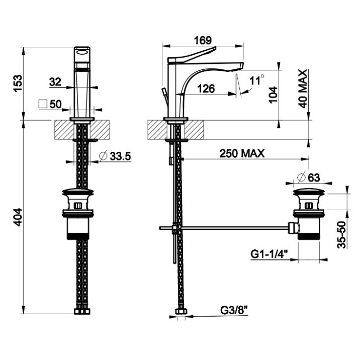 Bateria umywalkowa Gessi Rilievo, stojąca, wysokość 153mm, korek automatyczny, chrom