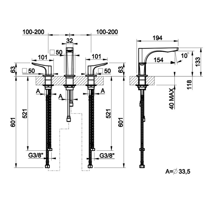 Bateria umywalkowa Gessi Rilievo, stojąca, 3-otworowa, korek automatyczny, chrom