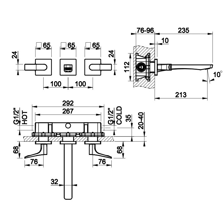 Bateria umywalkowa Gessi Rilievo, ścienna, wylewka 215mm, element natynkowy, chrom