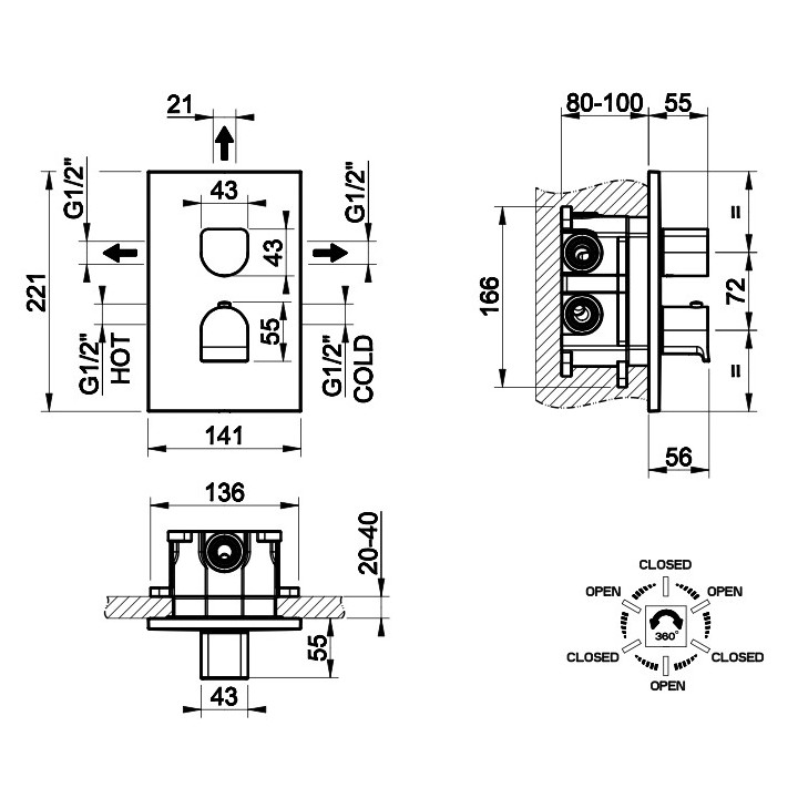 Bateria natryskowa Gessi Inciso Shower, podtynkowa, 1 wyjście wody, element natynkowy, zawór zamykający jednokierunkowy , chrom