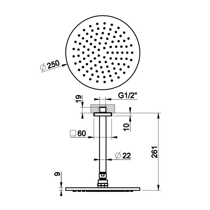 Deszczownica Gessi Rilievo, okrągła, 250mm, przyłącze sufitowe, chrom