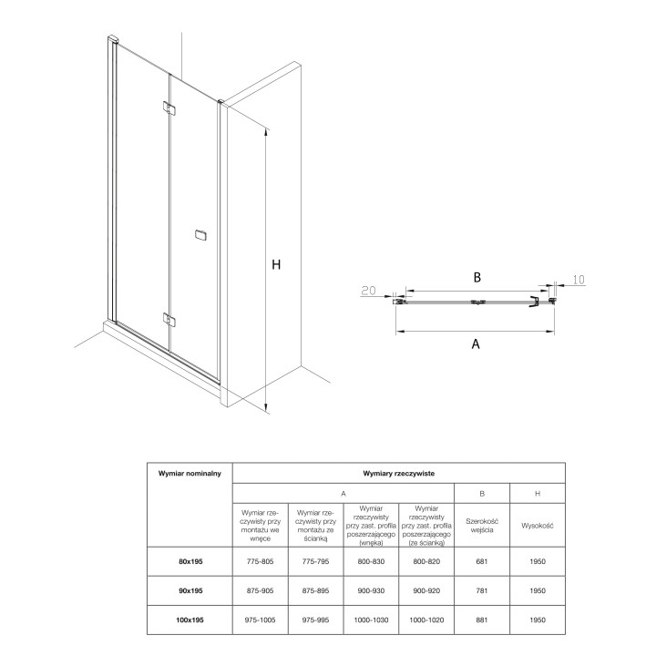 Drzwi prysznicowe do wnęki Roca Capital, 100x195cm, składane, powłoka MaxiClean, profil chrom