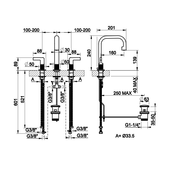 Bateria umywalkowa Gessi Inciso, stojąca, 3-otworowa, korek automatyczny, chrom