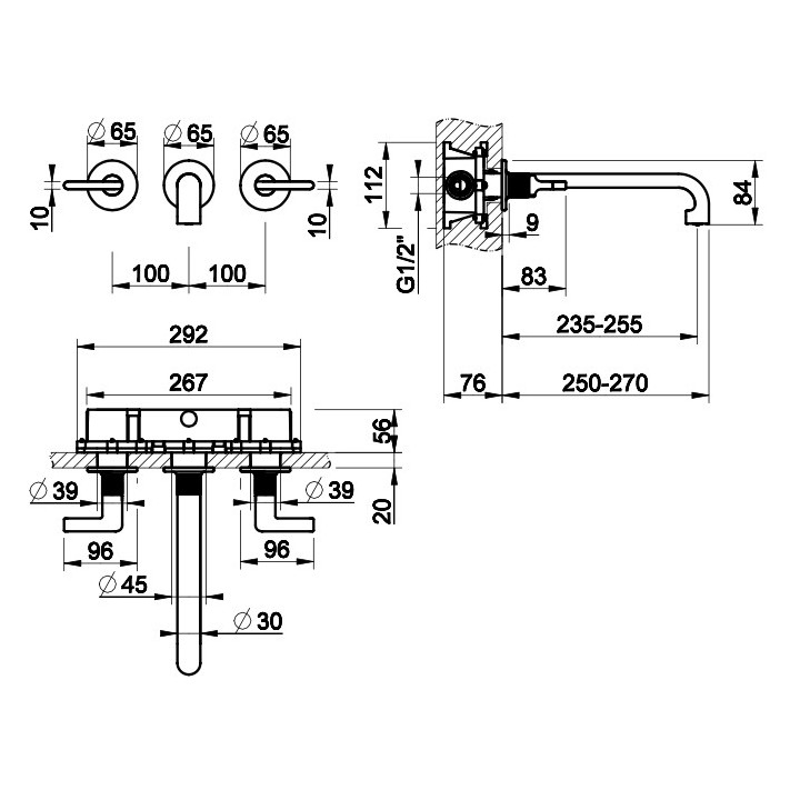 Bateria umywalkowa 3-otworowa Gessi Inciso, ścienna, wylewka 210mm, bez korka, chrom