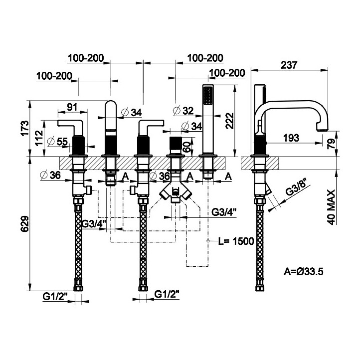 Bateria wannowa 3-otworowa Gessi Inciso, podtynkowa, wylewka 190mm, element natynkowy, chrom