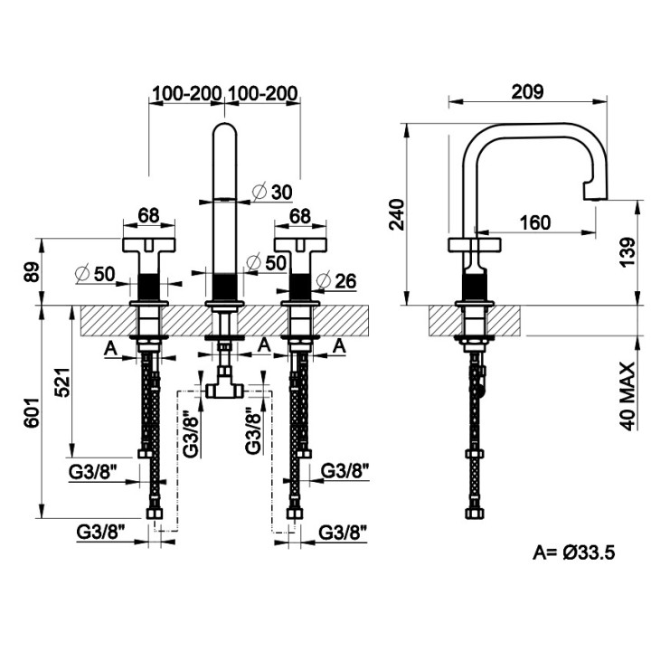 Bateria umywalkowa 3-otworowa Gessi Inciso, stojąca, wysokość 145mm, korek automatyczny, uchwyty krzyżowe, chrom
