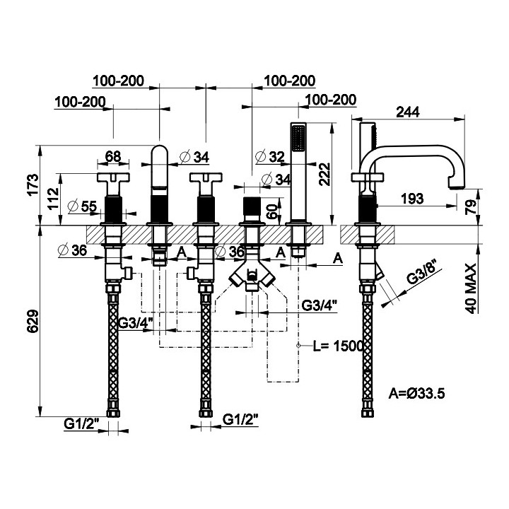 Bateria wannowa 5-otworowa Gessi Inciso, montaż na półce, zestaw natryskowy, chrom