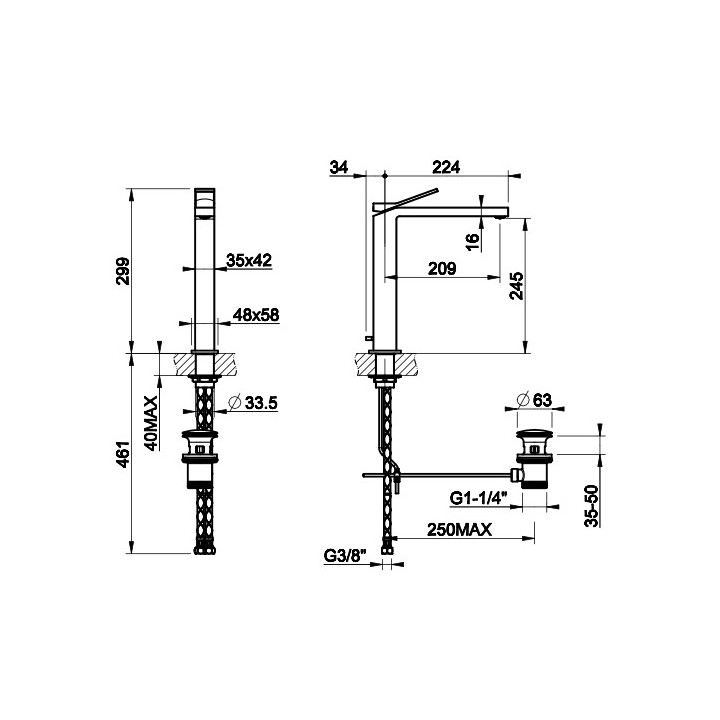Bateria umywalkowa Gessi Rettangolo K, stojąca, wysokość 299mm, wylewka 128mm, korek automatyczny, chrom