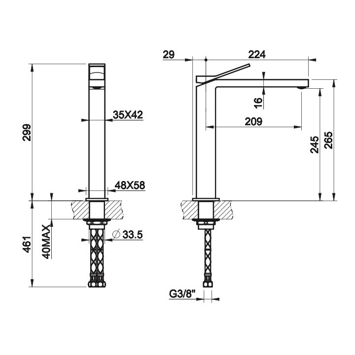 Bateria umywalkowa Gessi Rettangolo K, stojąca, wysokość 299mm, wylewka 209mm, korek automatyczny, chrom