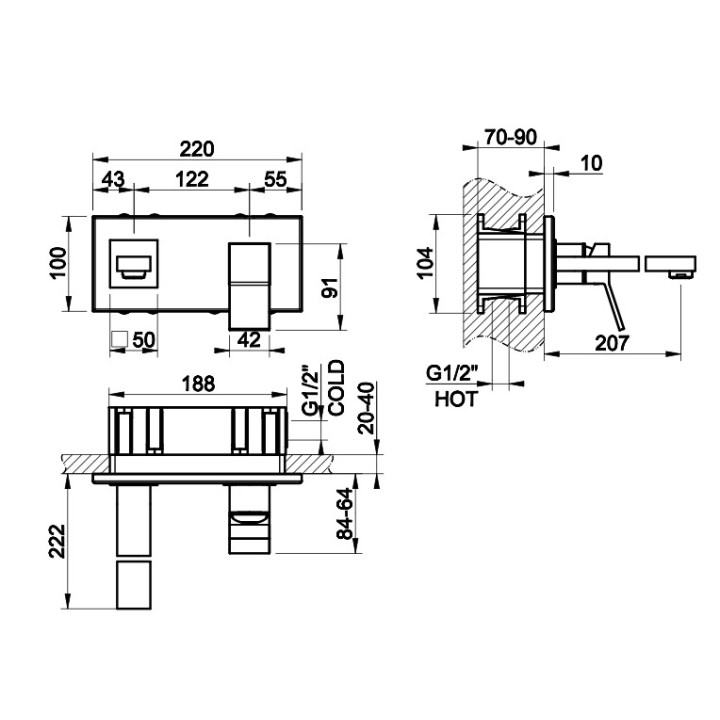 Bateria umywalkowa Gessi Rettangolo K, ścienna, wylewka 147mm, element natynkowy, chrom
