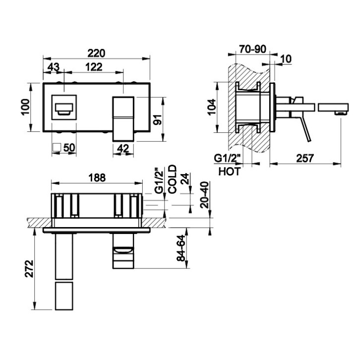 Bateria umywalkowa Gessi Rettangolo K, ścienna, wylewka 207mm, element natynkowy, chrom