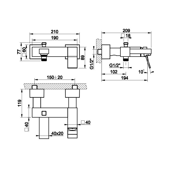 Bateria umywalkowa Gessi Rettangolo K, ścienna, wylewka 257mm, element natynkowy, chrom