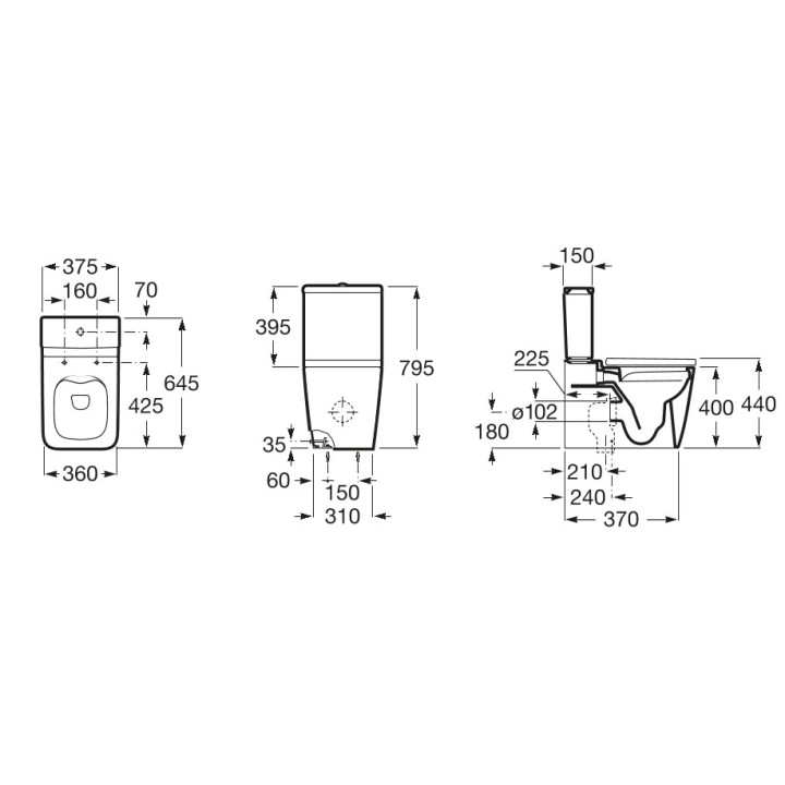 Miska stojąca do kompaktu Roca Inspira Square Rimless, 64,5x37,5cm, odpływ podwójny, bezkołnierzowa, biała