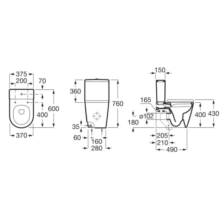 Miska stojąca do kompaktu Roca Inspira Square Rimless, 64,5x37,5cm, odpływ podwójny, bezkołnierzowa, biała