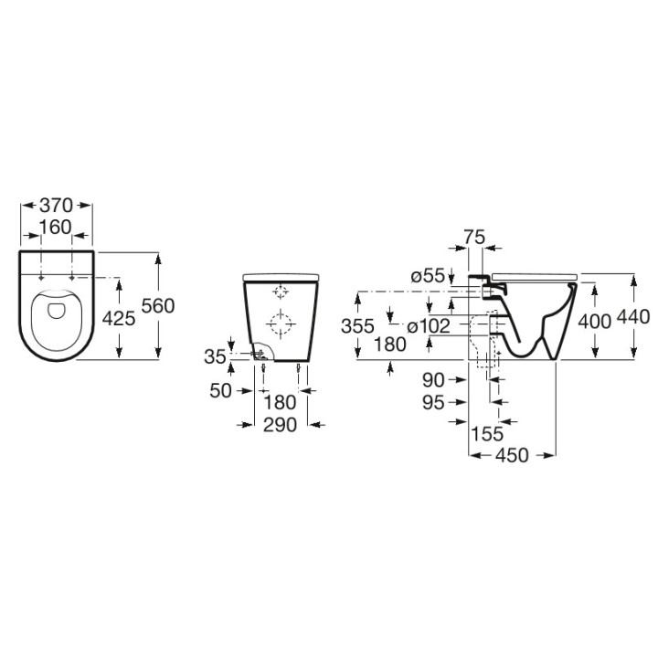Miska stojąca do kompaktu Roca Inspira Round Rimless, 60x37,5cm, odpływ podwójny, bezkołnierzowa, biała