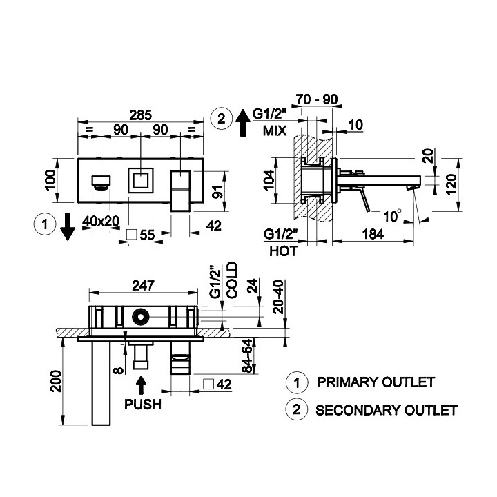 Bateria natryskowa Gessi Rettangolo K, natynkowa, jednouchwytowa, chrom