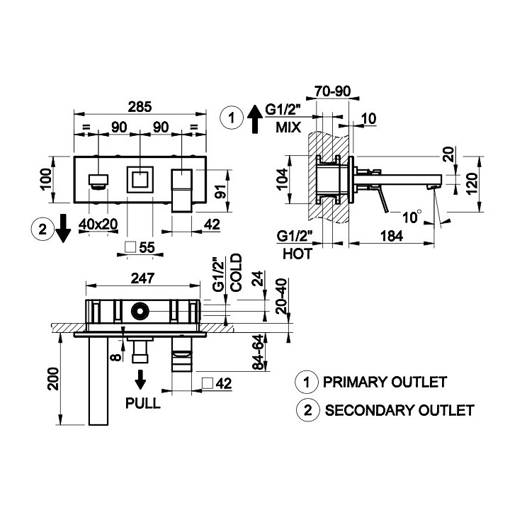 Bateria wannowa Gessi Rettangolo K, podtynkowa, 2 wyjścia wody, przełącznik wciskany, chrom