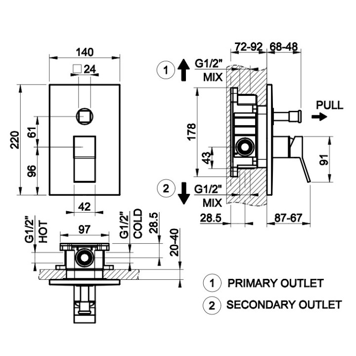 Bateria wannowa Gessi Rettangolo K, podtynkowa, 2 wyjścia wody, przełącznik pociągany, chrom