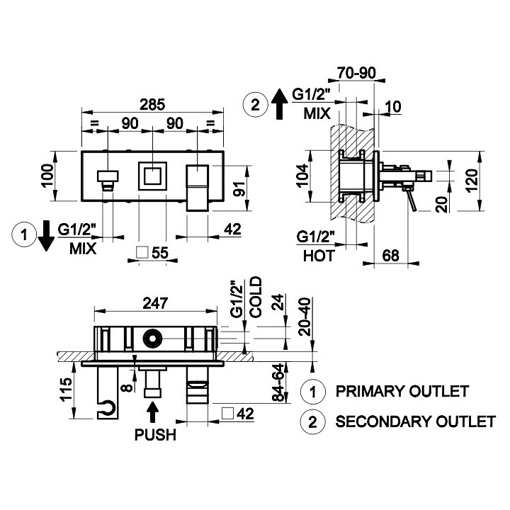 Bateria wannowa Gessi Rettangolo K, podtynkowa, 2 wyjścia wody, przełącznik wciskany, chrom