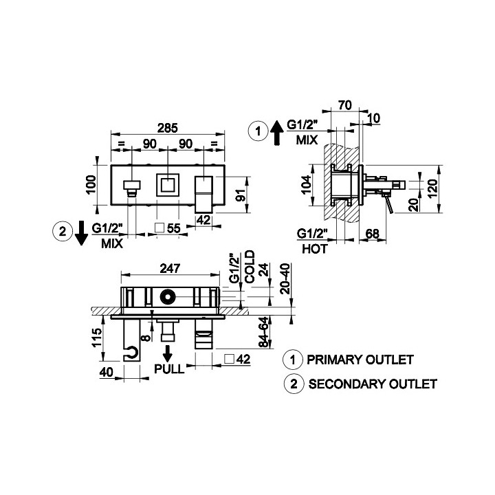 Bateria wannowa Gessi Rettangolo K, podtynkowa, 2 wyjścia wody, przełącznik wciskany, chrom