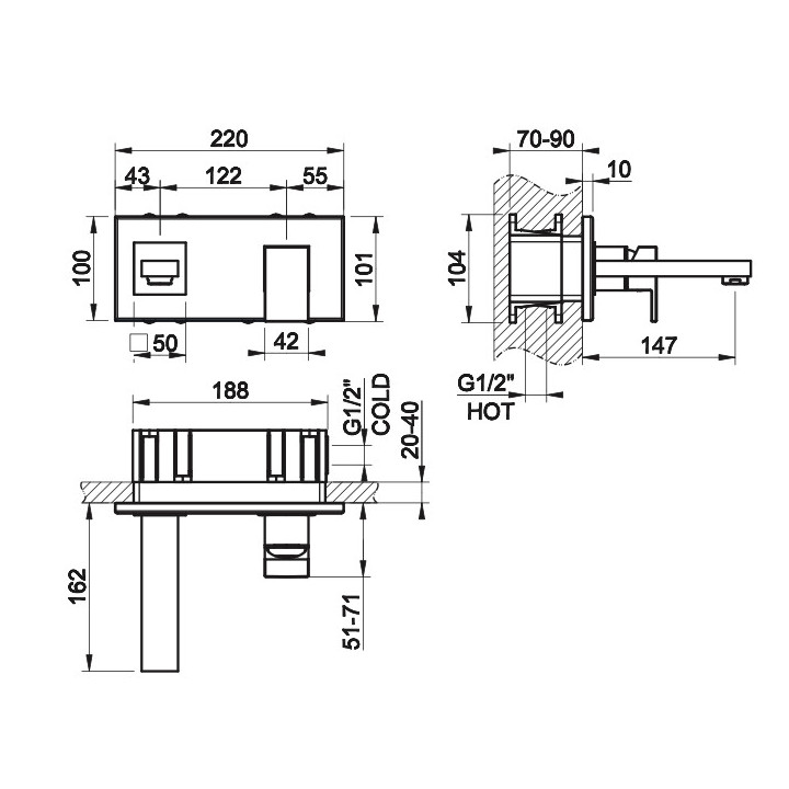 Mieszacz umywalkowy Gessi Rettengolo, ścienny, jednouchwytowy, chrom