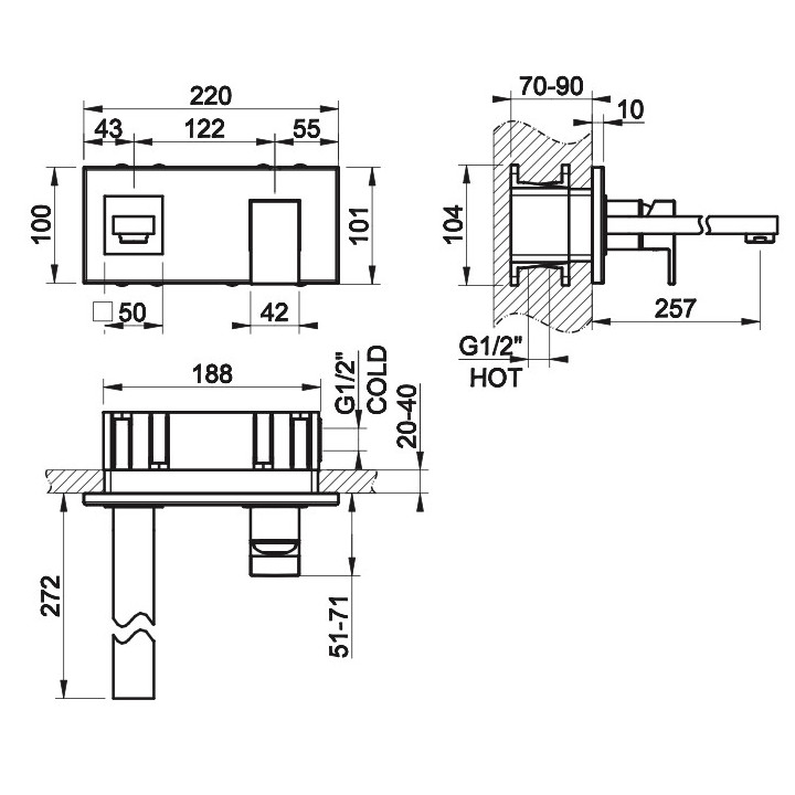 Bateria umywalkowa Gessi Rettengolo, ścienna, wylewka 207mm, element natynkowy, chrom
