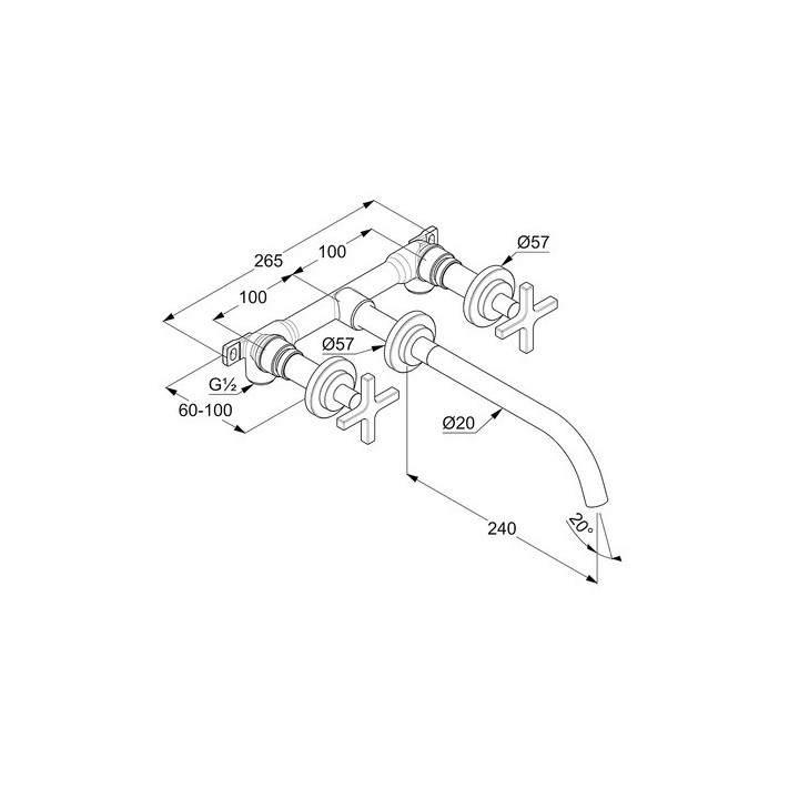 Bateria umywalkowa 3-otworowa Kludi Nova Fonte Classic, ścienna, wylewka 180mm, uchwyty krzyżowe, chrom