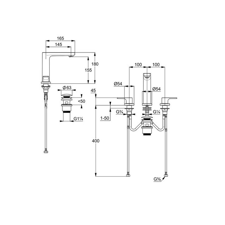 Bateria umywalkowa 3-otworowa Kludi Nova Fonte Deco, stojąca, uchwyty gwieździste, chrom