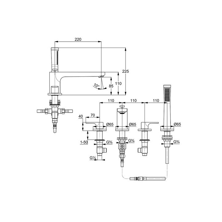 Bateria wannowa 3-otworowa Kludi Zenta SL, 2 wyjścia wody, zestaw natryskowy, chrom