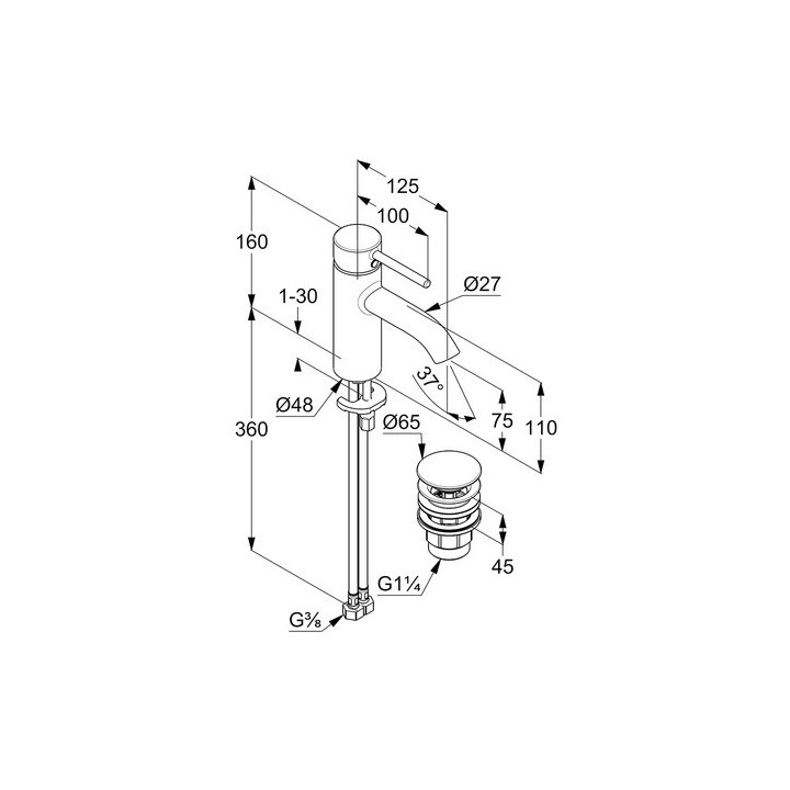 Bateria umywalkowa Kludi Bozz, stojąca, wysokość 160mm, korek automatyczny, chrom