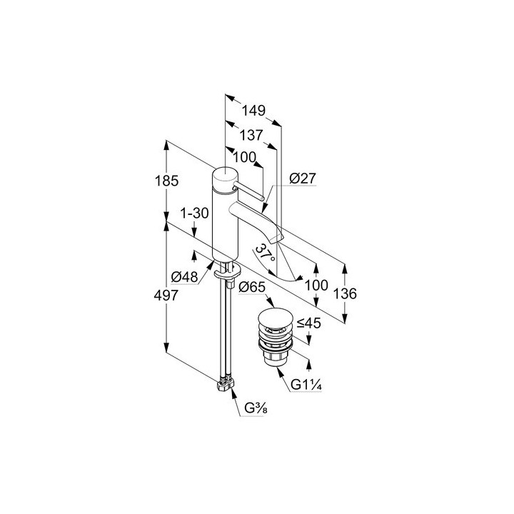 Bateria umywalkowa Kludi Bozz 100, stojąca, wysokość 185mm, korek automatyczny, chrom