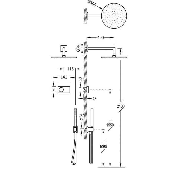 Elektroniczny zestaw prysznicowy Tres Shower Technology, podtynkowy, termostatyczny, deszczownica 300mm, czarny mat 