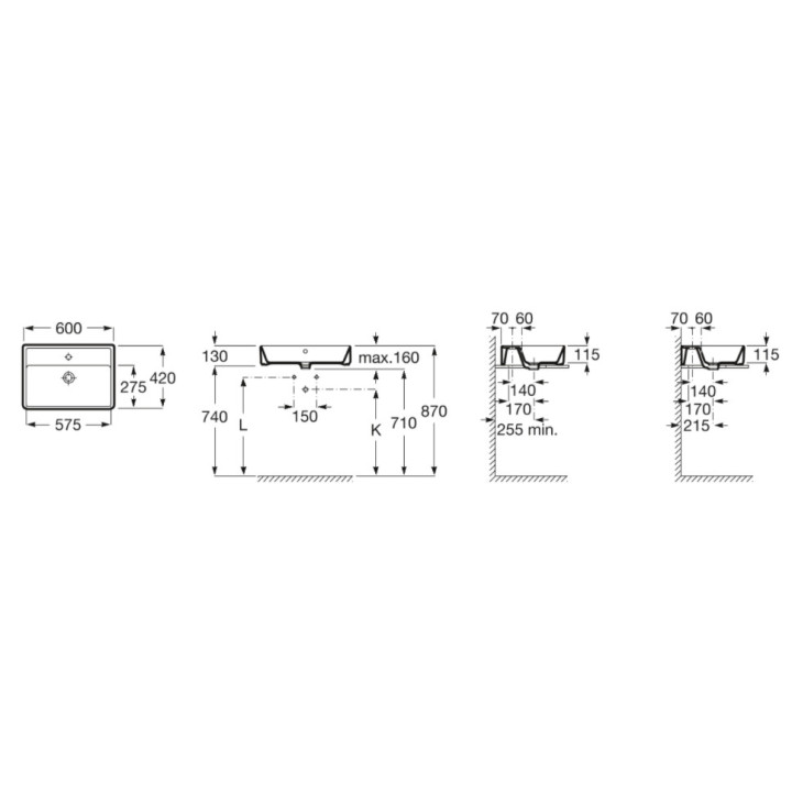 Umywalka nablatowa Roca Gap Square, 60x37cm, z przelewem, powłoka MaxiClean, biała