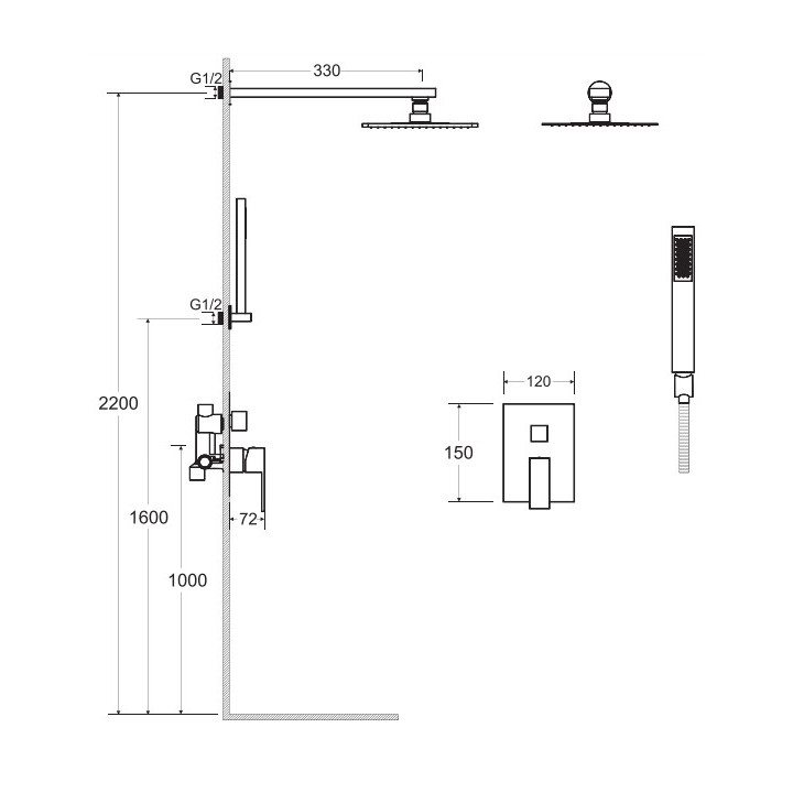 Zestaw prysznicowy Besco Decco / Illusion, podtynkowy, 2 wyjścia wody, deszczownica standardowa, chrom