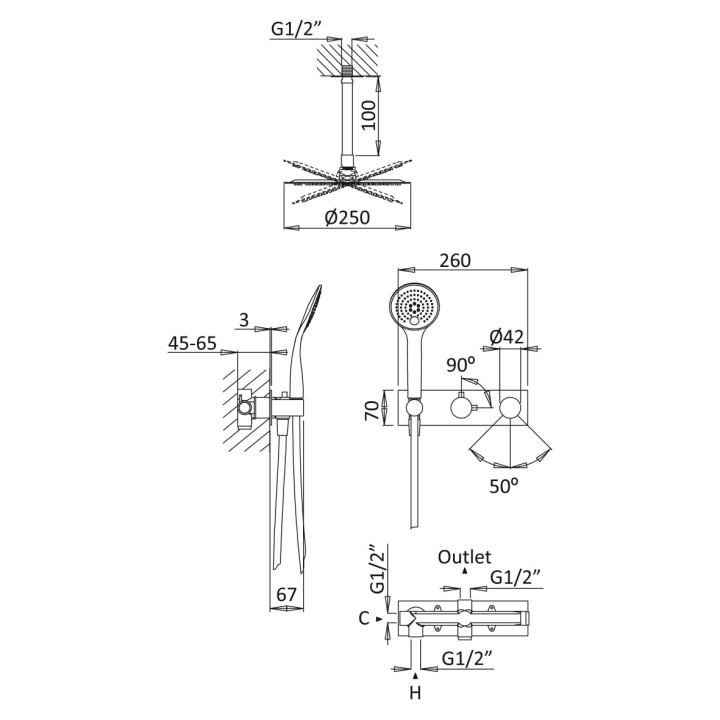 Zestaw natryskowy Bruma Lusa, podtynkowy, okrągła deszczownica 250mm, przyłącze sufitowe, słuchawka 3-funkcyjna, sunset