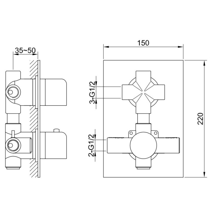 Bateria wannowa Kohlman Excelent, termostatyczna, podtynkowa, 2 wyjścia wody, chrom