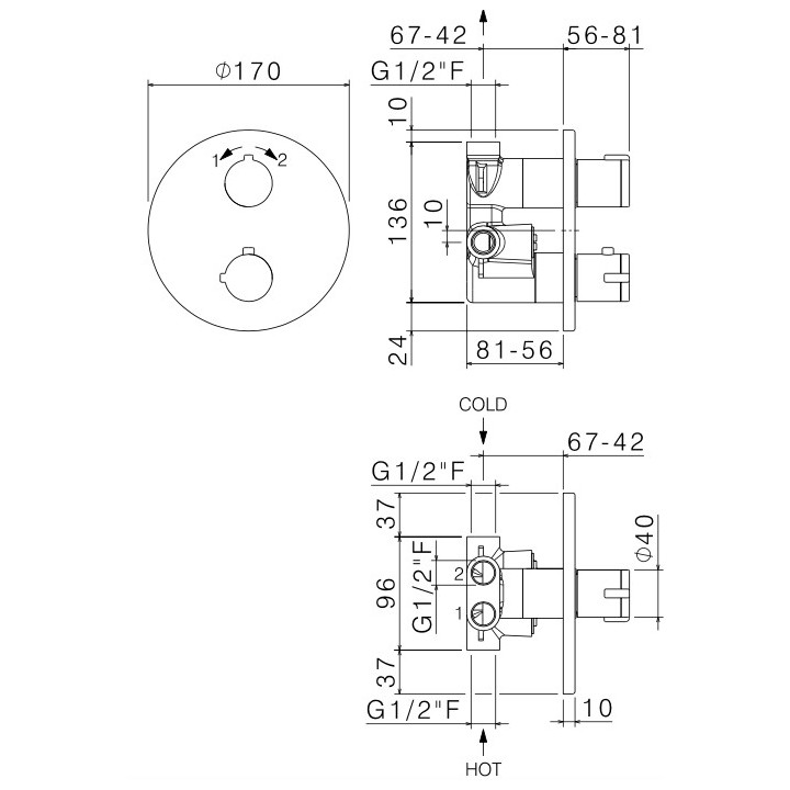 Bateria natryskowo-wannowa Vema Maira, 2 wyjścia wody, rozeta 160mm, chrom